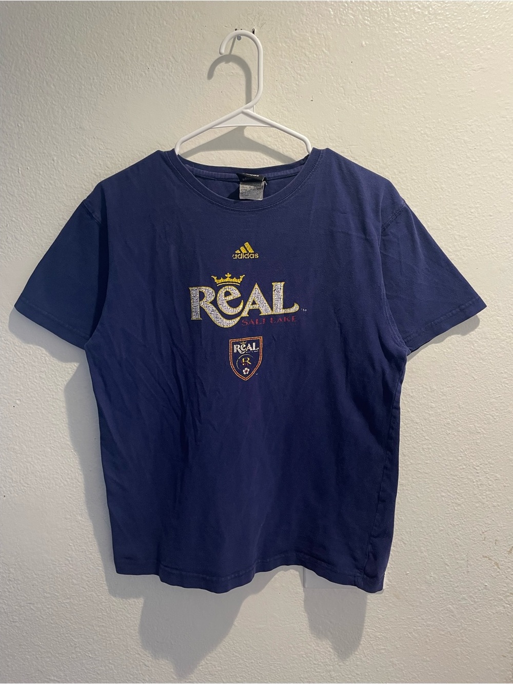Vintage Adidas Real Salt Lake MLS Youth Large Tee Indigo Blue Gold Glitter Logo